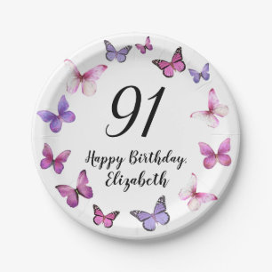 Prato De Papel Aniversário de 91 anos Borboletas Rosa Roxo