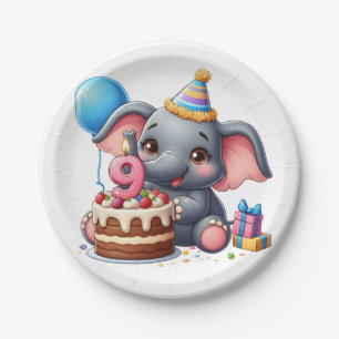 Prato De Papel Aniversário de 9 anos do Elefante Fofo