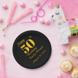 Prato De Papel Aniversário de Adulto Clássico Elegante Preto e Do