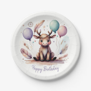 Prato De Papel Aniversário de Alce Cute em Aquarela com Balões