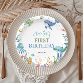 Prato De Papel Aniversário de Animais Marinhos Sob o Mar