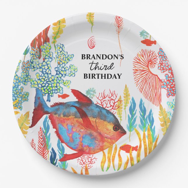 Prato De Papel Aniversário de aquarela de animais do oceano sob o (Frente)