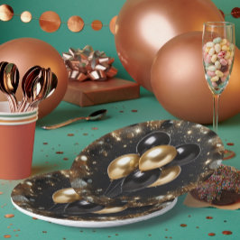 Prato De Papel Aniversário de Balão de Brilho Preto e Dourado Ele