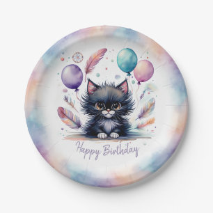 Prato De Papel Aniversário de Balões de Gatinho Preto Aquarela Fo