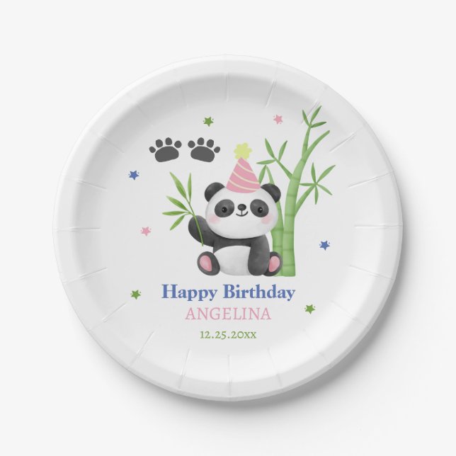 Prato De Papel Aniversário de Bambu do Urso Panda Fofo  (Frente)