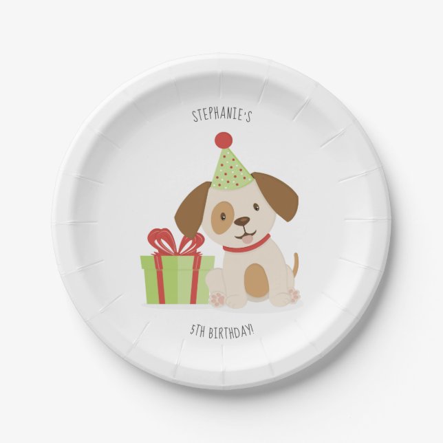 Prato De Papel Aniversário de Cachorrinho Fofo (Frente)
