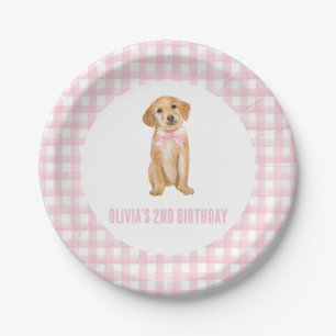 Prato De Papel Aniversário de cachorrinho préppy com xadrez rosa