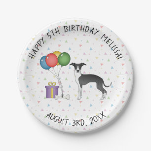 Prato De Papel Aniversário de Cachorro Galgo Italiano Preto e Bra