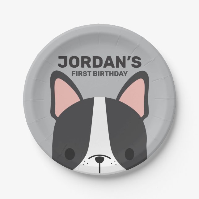 Prato De Papel Aniversário de Cãozinho Francês (Frente)