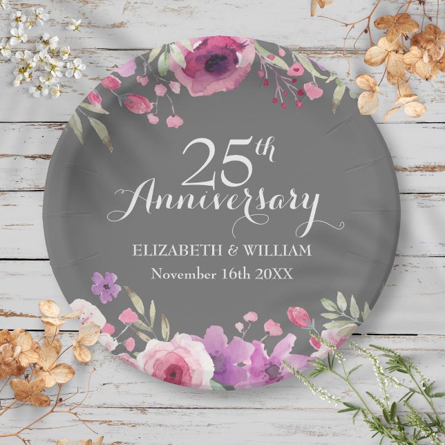 Prato De Papel Aniversário de Casamento de 25 Anos Rosas Aquarela (25th Wedding Anniversary Watercolor Roses Paper Plates)