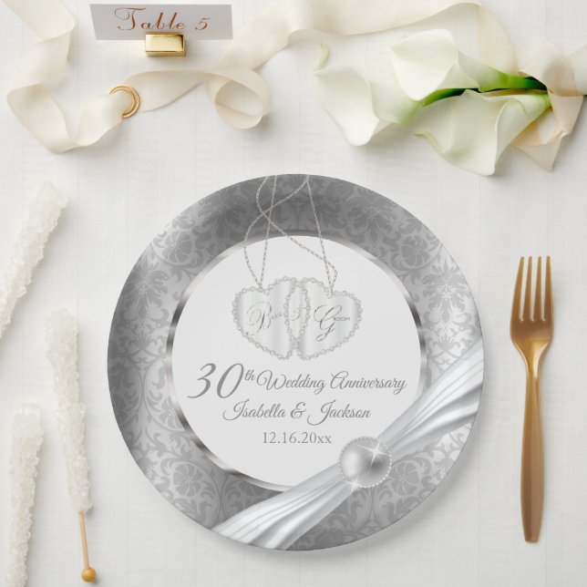 Prato De Papel Aniversário de Casamento de 30 - Pérola e Prata (Casamento)