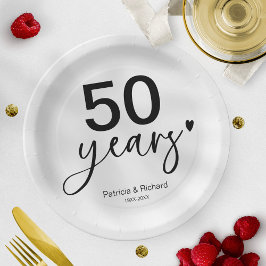 Prato De Papel Aniversário de Casamento de 50 Anos Preto e Branco