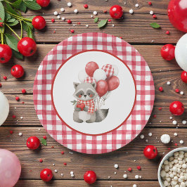 Prato De Papel Aniversário de Cereja do Bebê Vermelho Xadrez