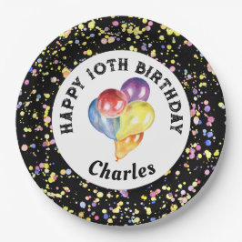 Prato De Papel Aniversário de Confetti de Aquarela Personalizável