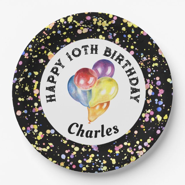 Prato De Papel Aniversário de Confetti de Aquarela Personalizável (Frente)