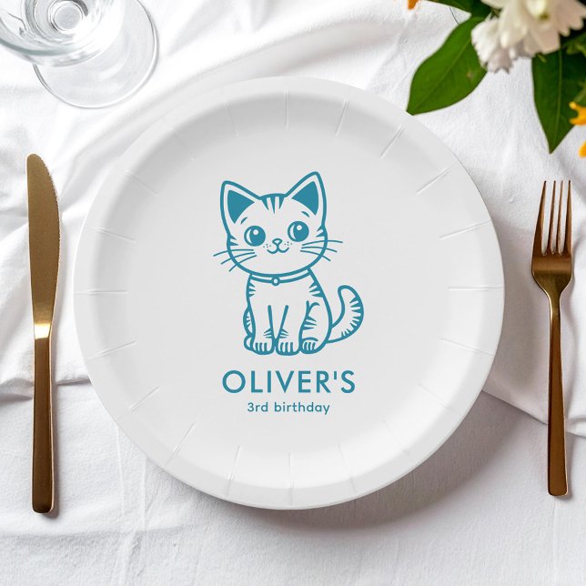 Prato De Papel Aniversário de criança com gatinho de cores person (Criador carregado)