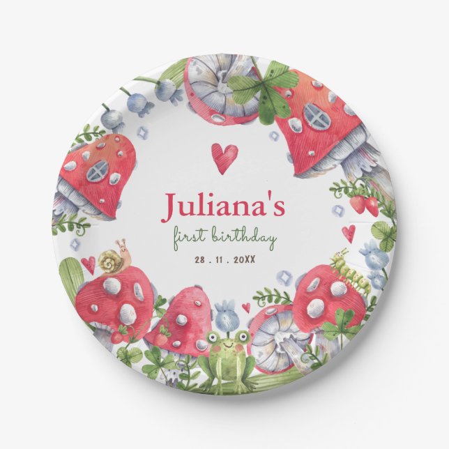 Prato De Papel Aniversário de criança de Cogumelo das Florestas d (Frente)