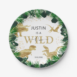 Prato De Papel Aniversário de criança de Dinossauro Dourado e bon