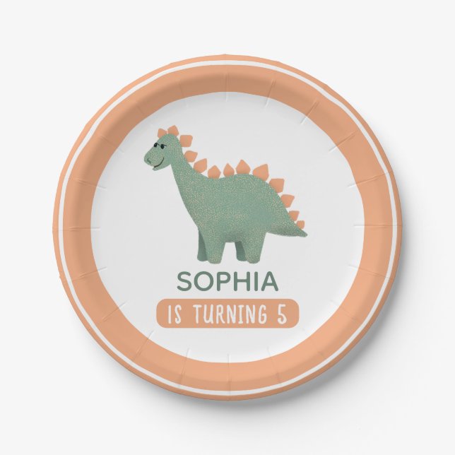 Prato De Papel Aniversário de criança de Dinossauros Rosa Bonitos (Frente)