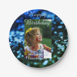 Prato De Papel Aniversário de criança de fotos azul verde-brilhan