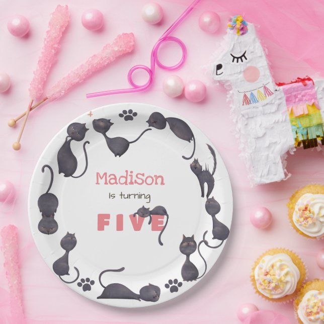 Prato De Papel Aniversário de criança de gato preto (Festa)