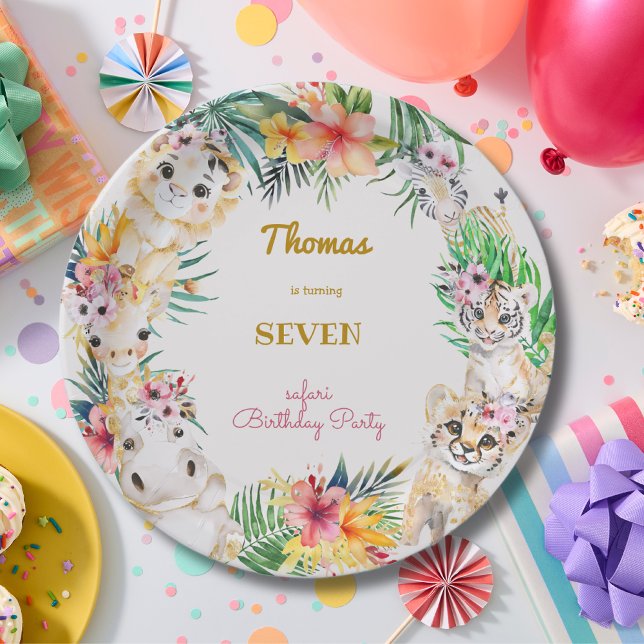 Prato De Papel Aniversário de criança de safari selvagem dourado (Criador carregado)