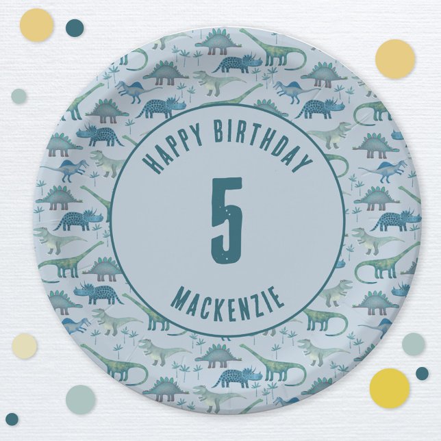 Prato De Papel Aniversário de criança do Dinossaur Boy Party Blue (Dinosaur birthday party personalized paper plate)