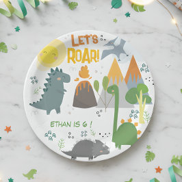 Prato De Papel aniversário de criança do vamos de carruagem Dino
