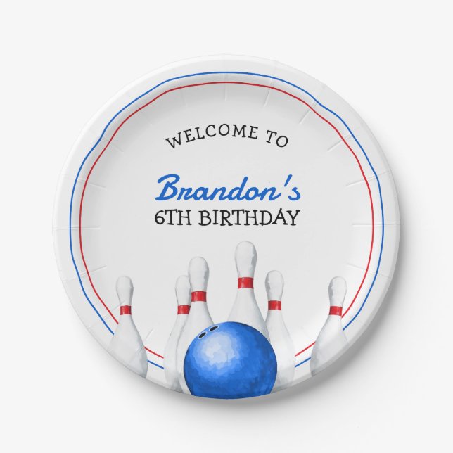 Prato De Papel Aniversário de criança Vermelho e Boliche Azul Div (Frente)