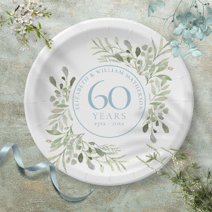 Prato De Papel Aniversário de Diamante de 60 anos com Folhagem