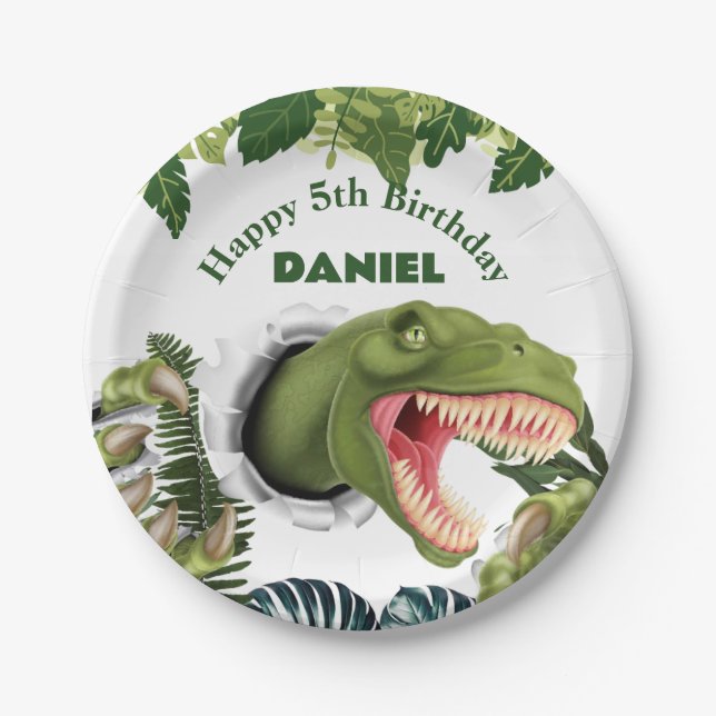 Prato De Papel Aniversário de Dinossauro 3D (Frente)