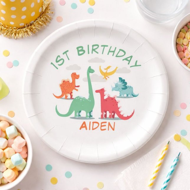 Prato De Papel Aniversário de Dinossauro Nome (Criador carregado)