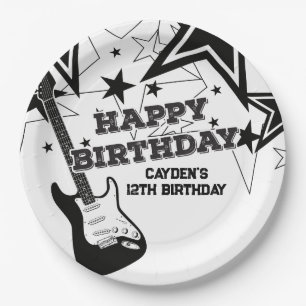 Prato De Papel Aniversário de Estrela do Rock Guitarra Preto Bran