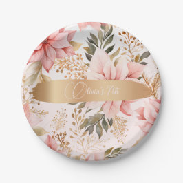 Prato De Papel Aniversário de fadas Douradas e rosa entonadas
