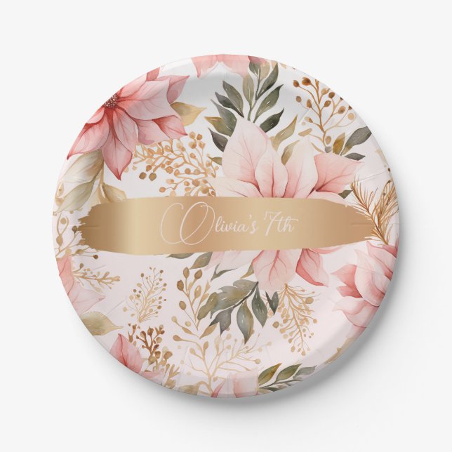 Prato De Papel Aniversário de fadas Douradas e rosa entonadas (Frente)