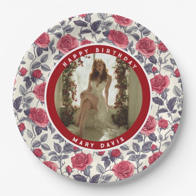 Prato De Papel Aniversário de Flor de Rosa Personalizada (Frente)