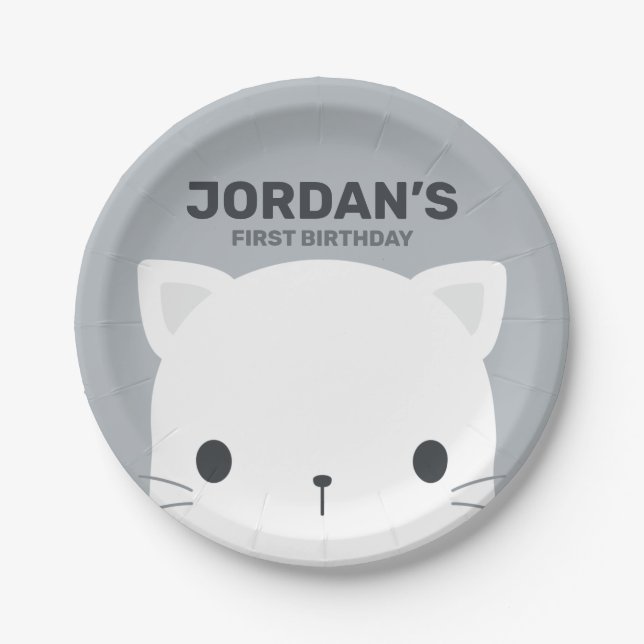 Prato De Papel Aniversário de Gato Bonito (Frente)