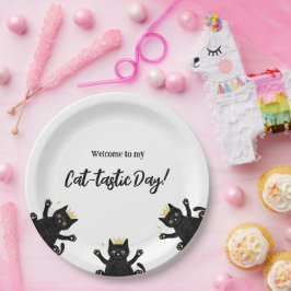 Prato De Papel Aniversário de Gato Negro Engraçado