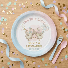 Prato De Papel Aniversário de Gêmeos Menino e Menina Dois Gansos 