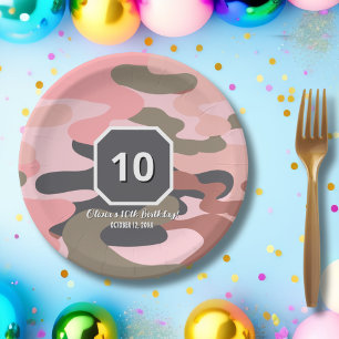 Prato De Papel Aniversário de Menina Rosa Verde Camuflagem Fofo P