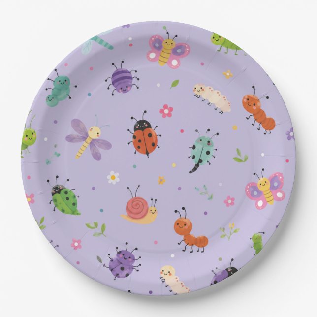 Prato De Papel Aniversário de Meninas com Bugs Fofos Roxos  (Frente)