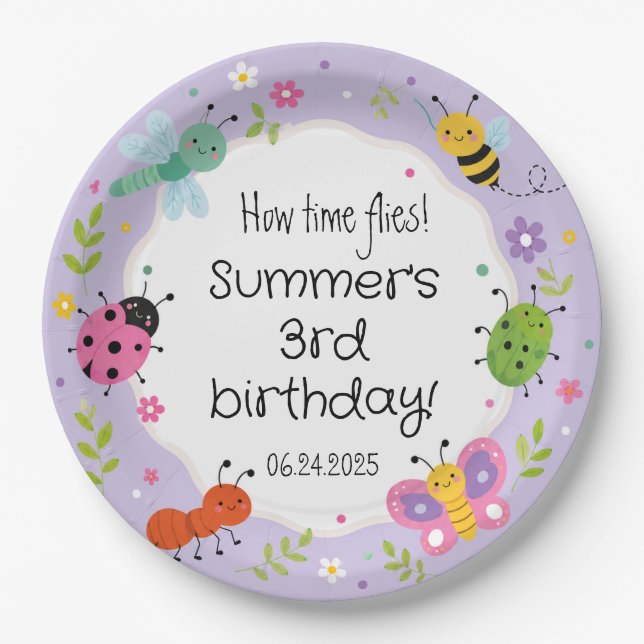 Prato De Papel Aniversário de Meninas com Bugs Fofos Roxos  (Frente)