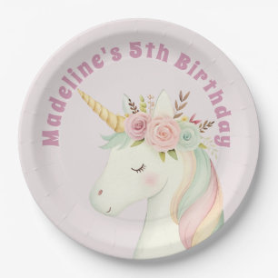 Prato De Papel Aniversário de Meninas Unicórnio Rosa Fofo