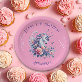 Prato De Papel Aniversário de Meninas Unicórnio Rosa Roxo Mágico