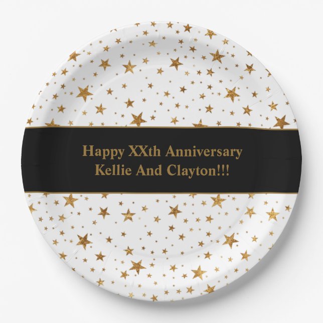 Prato De Papel Aniversário de Mensagem de Estrelas Brancas/Dourad (Frente)