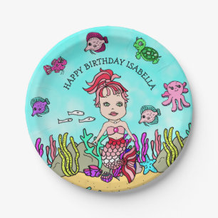 Prato De Papel Aniversário de Mermaid Desenhado à Mão Personaliza