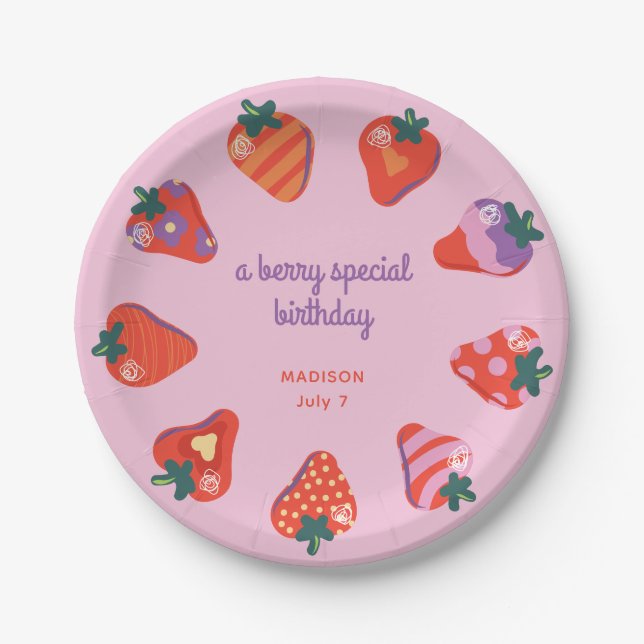 Prato De Papel Aniversário de Morango Especial de Berry - Rosa (Frente)