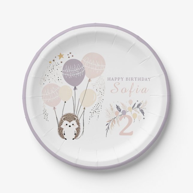 Prato De Papel Aniversário de Pastel Boho Hedgehog e Balões (Frente)
