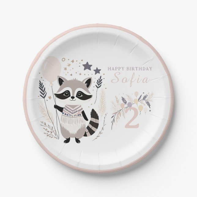 Prato De Papel Aniversário de Pastel Boho Raccoon e Balões (Frente)