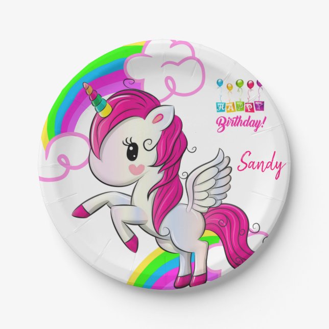 Prato De Papel Aniversário de Placas de Papel, Unicórnio (Frente)
